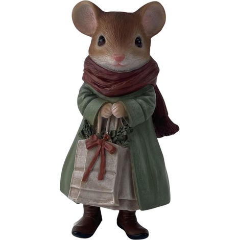 Dekofigur Maus mit Tasche klein 19 x 10 cm braun/grün