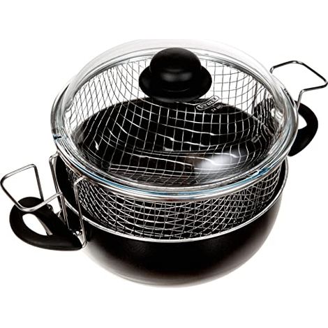 Friggitrice Ballarini da 24 cm con 2 manici, rivestimento antiaderente, coperchio in vetro e cestello in acciaio, colore nero, modello Firenze (1/3)