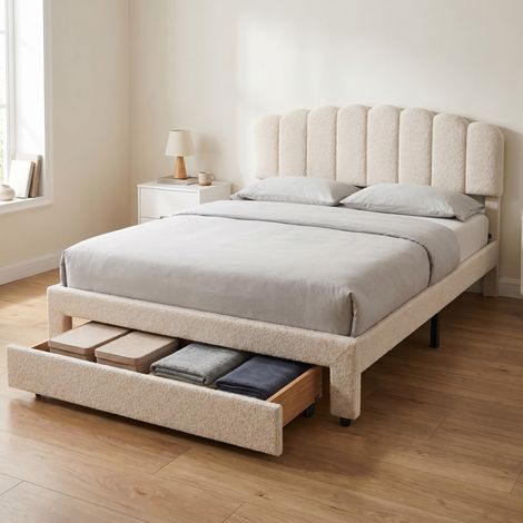 Lit 140x200 avec tiroir, lit double capitonné en velours avec ports USB/Type-C, lit avec rangement avec sommier, tête de lit coquillage, style scandinave (1/5)