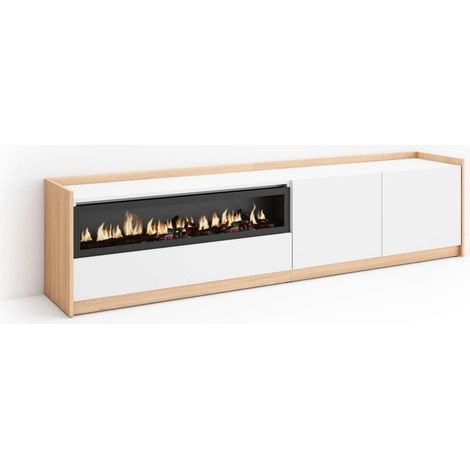 Mueble TV Macharaviaya-02 de 207x50x37 cm con chimenea eléctrica, color blanco y roble soft (1/4)
