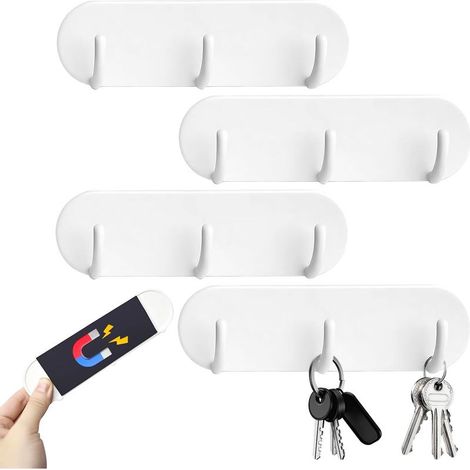 4 Pièces Porte Clés Magnétique avec 3 Crochets Support Clef Mural Sans Perçage Crochet Magnetique Blanc Accroche Porte Clef Mural pour Réfrigérateur Buanderie Cuisine