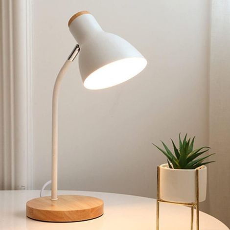 Lampe de table blanche E27 en bois, tête orientable, style rétro, idéale pour le bureau, le cabinet de travail et la table de chevet. (1/5)