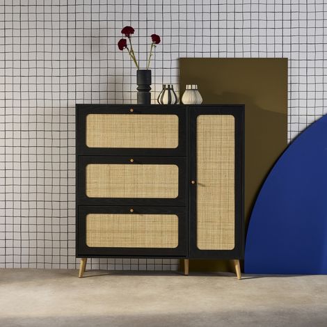 Meuble à chaussure cannage Bohème noir. 3 abattants. 1 porte. 21 paires. 120 x 24 x 125 cm (1/5)