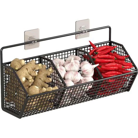 Portaverdure da cucina Cesto per patate con 3 scomparti, scaffale salvaspazio da parete per zenzero, aglio e cipolla in dispensa (1/5)