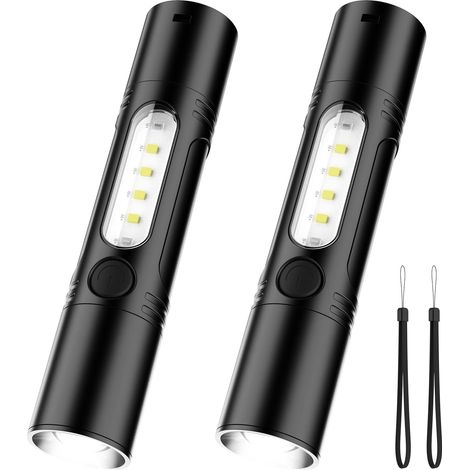 Juego de 2 linternas LED, linterna LED recargable por USB de alta potencia con cordón, función de silbato, zoom, 5 modos para iluminación/camping/senderismo/emergencias.