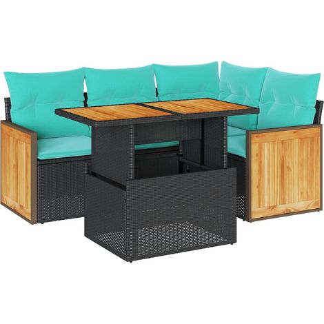 5tlg. Garten-Sofagarnitur mit Kissen Schwarz Poly Rattan Akazie vidaXL