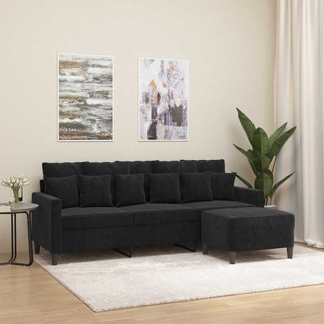 vidaXL Sofá de 3 plazas con taburete de terciopelo negro 180 cm (1/5)