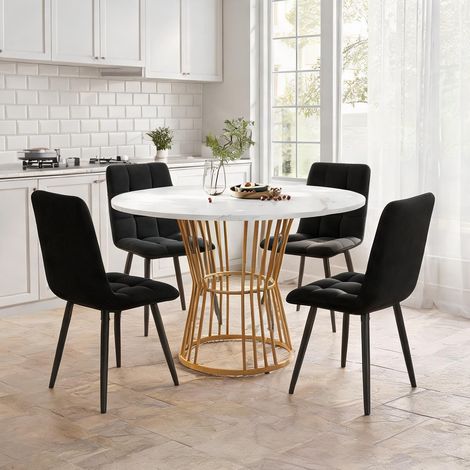 Ensemble table et 4 chaises de cuisine rond blanc doré en MDF (1/5)