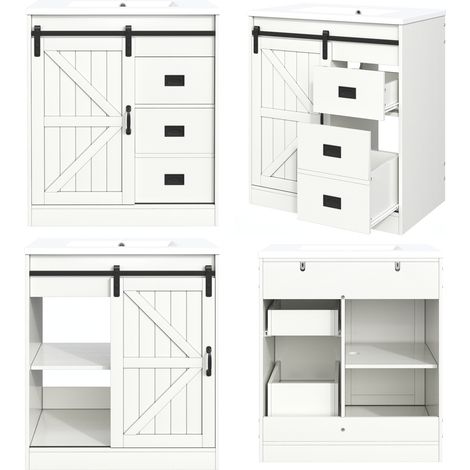 Weißer Badschrank mit Keramikwaschbecken, Scheunentor-Design, Schubladen und Schrank MODENUIT (1/5)