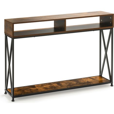 Table console brune avec étagère ouverte et compartiments de rangement, structure en acier, pour entrée salon et couloir (1/5)