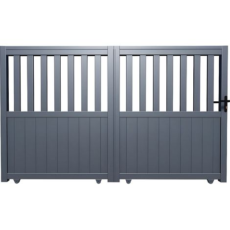 Vente-Unique – Portail coulissant aluminium semi ajouré 384.8 x 148 cm gris anthracite – Mécanisme manuel – Résistance au vent jusqu'à 82 km/h (1/3)