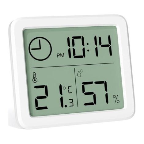 Mini Thermometre Interieur Numérique, Hygrometre Portable Professionnel à Grand Écran avec Horloge, Thermomètre Blanc Précis, Hygromètrepour la Maison, Chambre de Bébé, Serre, Bureau