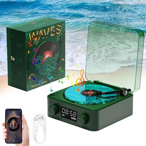 Tourne-disque vinyle avec lampe à vagues - Vert foncé - Lecteur vinyle vagues - Tourne-disque - Portable - Sans fil - Rétro - Pour chambre à coucher, bureau, fête (1/5)