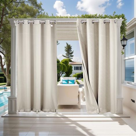 Cortina exterior impermeable, protección UV, aislamiento térmico, con perforaciones, apta para jardines, terrazas, pérgolas, balcones, color blanco roto con textura 3D, 1 pieza / 132 x 275 cm (1/5)