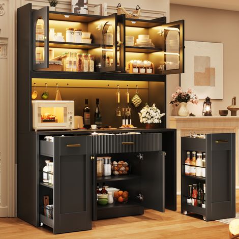 Armoire de cuisine haute 120 cm avec LED RGB, 3 vitrines en verre et tiroirs, noire (1/5)