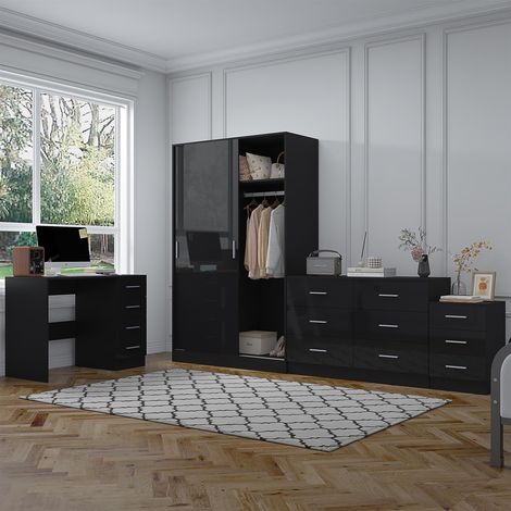 Reflect 2 Door Sliding Wardrobe, 6 Drawer Wide Chest, 3 Drawer Bedside, 4 Drawer Desk - Black Gloss & Black Oak - Modern Bedroom Furniture Set