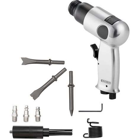 Mophorn Martillo neumático de 4500 BPM con carrera de 40 mm, incluye raspador de aguja y 4 cinceles de barril largo de 120 mm. Herramienta neumática ideal para cortar, raspar y demoler.