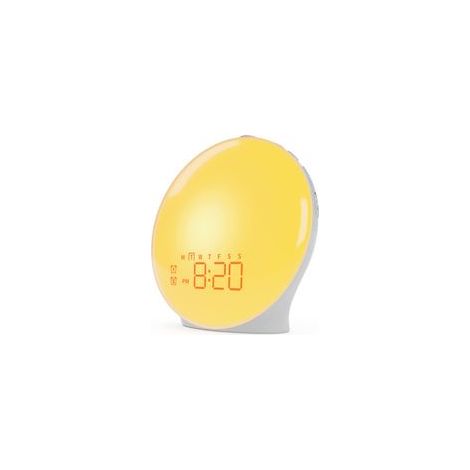 Réveil LED avec simulation d’aube et de crépuscule, radio FM, veilleuse pour enfants, 20 niveaux de luminosité, 2 alarmes programmables, 7 sons naturels, fonction snooze, 18 couleurs de lumière (jaune (1/5)