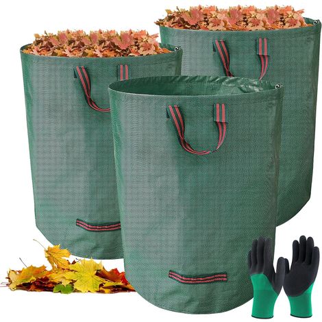 Set di 3 sacchi per rifiuti da giardino da 272 litri, sacchi per foglie autoportanti, guanti da giardinaggio inclusi, con manici, pieghevoli, per rifiuti da giardino, rifiuti verdi, foglie (1/5)