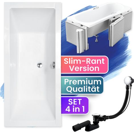 Badewanne Rechteck 165x75  mit Styroporverkleidung (Ablage 4cm), Ablauf & Füße GRATIS - Komplettset 4in1 Original Acryl Wanne - BADLAND QUADRO SLIM (1/5)