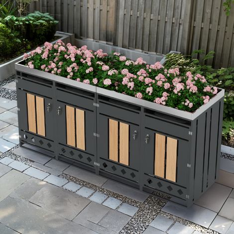 Armario para cubos de basura 4 módulos gris y madera en acero galvanizado con jardinera y cierre (1/5)