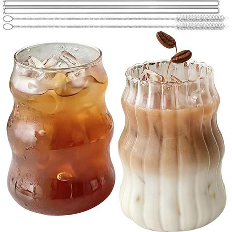 Gerippte Trinkgläser Set 2x 530ml, Wellenförmige Wassergläser mit Strohhalmen