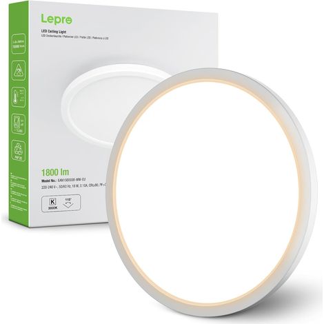 Plafonnier LED 18W, 3000K 1800LM, Angle 115°, Non Dimmable, IP44-1Pcs CRI80, épaisseur de 2,6 cm, IP44 étanche, Angle de Faisceau 115 °, Montage Plafond pour Salle de bain, Cuisine et Couloir (1/5)