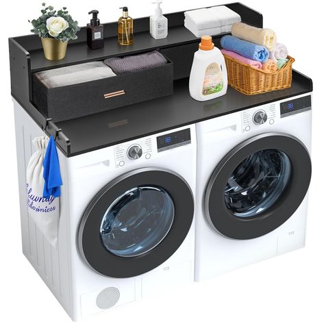 Comptoir pour lave-linge et sèche-linge à 2 tiroirs avec étagère à 2 niveaux, surface de comptoir en bois, avec coussinets antidérapants, pour organisation et rangement de la buanderie, noir (1/5)