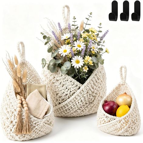 Lot de 3 paniers suspendus pour fruits en filet tressé, rangement mural pour cuisine, corbeilles à fruits avec 3 crochets, organisateur pratique pour fruits, légumes et accessoires (1/5)