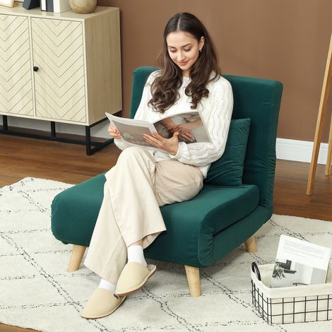 Fauteuil pliant convertible en lit, inclinable et pliable, aspect velours, dossier réglable, charge maximale de 120 kg, vert foncé