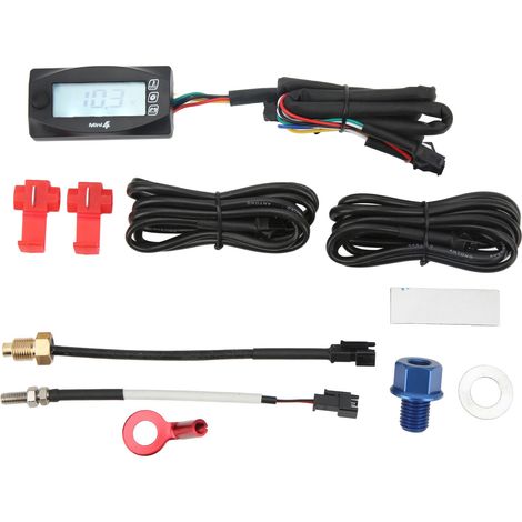 Ce thermomètre moto 4 en 1 affiche la température de l'huile moteur, la tension et l'heure il est doté d'un écran numérique LCD, d'une alimentation DC12V et d'une interface universelle M14x1,25. (1/5)