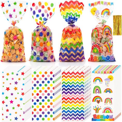 100 sachets de bonbons avec motif arc-en-ciel, fermeture à cordon, sachets cadeaux pour enfants, dimensions : 12,5 x 27 cm. (1/4)