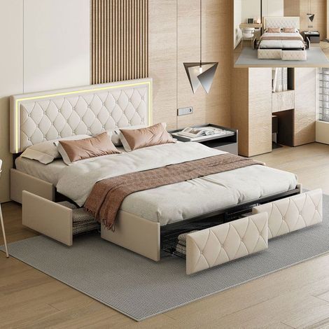 Bettgestell 140x200 cm beige mit LED, Lattenrost & Schubladen — Kopfteil inklusive.