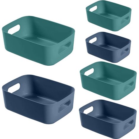 Set of 6 Three Size Plastic Storage Boxes for Kitchen Bathroom Office Shelves with Handle (1/5)