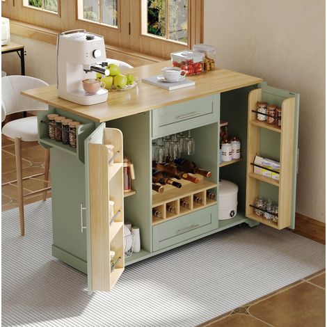 Îlot de cuisine mobile 138x45(70)x92 cm avec plan de travail rabattable, rangement, MDF vert antique (1/5)
