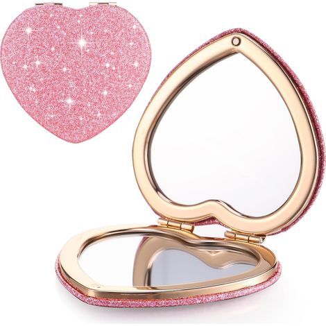 Espejo Plegable En Forma De Corazón - 8 X 6 Cm - Diseño Con Purpurina - Rosa - 2 Unidades (1/5)