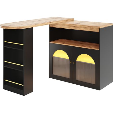 Mesa de bar extensible negra 138-193 x 39 x 105 cm con almacenaje, giratoria, con tira LED (1/5)