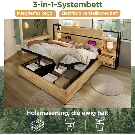 Lit double bois massif 180x200cm, sommier coffre hydraulique, tête de lit rangement avec tiroirs et ports USB/Type-C, cadre à lattes en chêne, sans matelas. (1/5)
