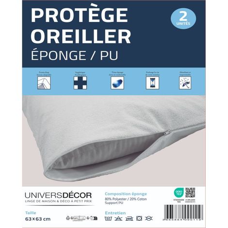 Lot de 2 protège oreiller éponge imperméable 63 x 63 cm – Dessus 80% polyester/20% coton – Sous taies avec fermeture à glissière – Certifié Oeko Tex – Univers Decor