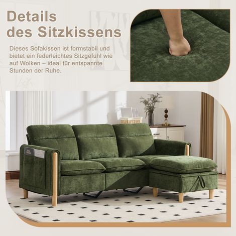 Canapé 3 places scandinave avec pouf coffre, canapé d'angle en tissu vert chenille à rangements latéraux et piètement bois, parfait pour petit salon ou espace modulable. (1/5)