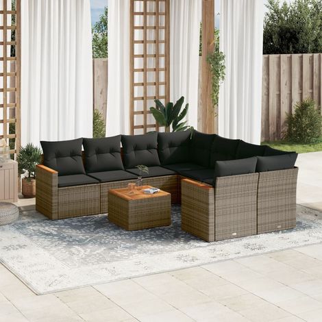 9-tlg. Garten-Sofagarnitur mit Kissen Grau Poly Rattan (1/5)