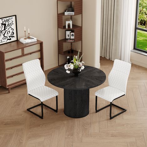 Ensemble table ronde 100 cm en MDF noir + 2 chaises blanches motif losange, pieds cylindriques & fixation Velcro – salle à manger (1/4)