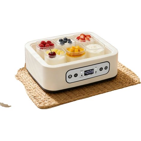 Joghurtbereiter, 1,5 l Fassungsvermögen, Temperatur einstellbar von 21–48 °C, 25 W Nennleistung, Abmessungen 26 x 21 x 15 cm, leiser Betrieb 45 dB (1/5)
