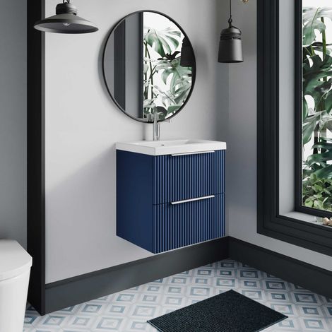 Hudson Reed Fluted Satin Blue 500mm Wall Hung 2 Drawer Vanity Unit and Thin Edge Ceramic Basin - DFF392D (1/5)