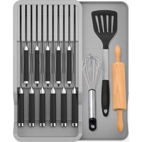 Porte-couteaux de type tiroir avec plateau à couverts extensible, pouvant contenir 11 couteaux, gris