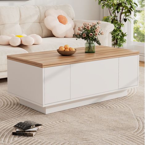 Tavolino da caffè in truciolare 100 x 50 x 55,5 cm bianco e legno, doppio piano sollevabile con vano contenitore (1/5)