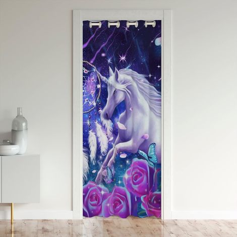 Licorne Rideau de Porte 86x203cm Fantastique Cheval Rideau Occultant Rideaux Dreamchatcher pour Chambre Salon Rideaux Exterieur d'entrée Rose Floral Violette Fenêtre Décor - 86L X 203H cm (1 Panneaux) (1/5)