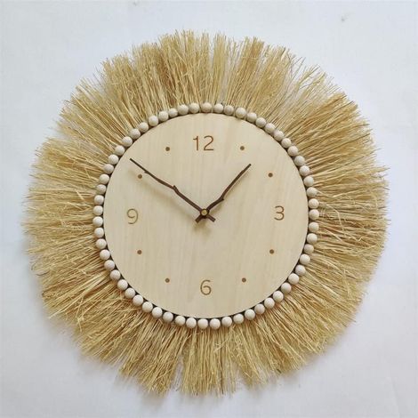 Horloge murale en bois et raphia de style nordique — mécanisme silencieux, décor sur le thème des dessins animés, idéal pour les chambres d'enfants. (1/4)