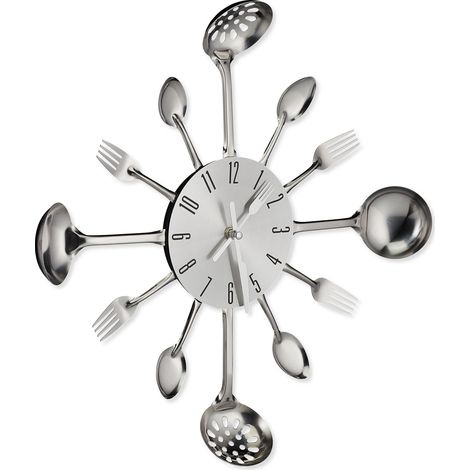 Relaxdays Wanduhr Besteck, Küchenuhr Löffel, Gabel & Kelle, Ø 40 cm, batteriebetrieben, mit Ticken, Besteckuhr, silber (1/5)