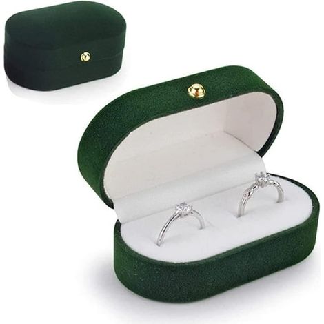 Écrin à anneaux double compartiment, boîte à bagues en velours vert, coffret alliance pour mariage, présentoir bague fiançailles et cérémonie, étui double bague. (1/5)